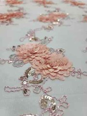“Blush 3D Floral Lace Fabric with Sequins and Embroidered Double Scallops – Sold