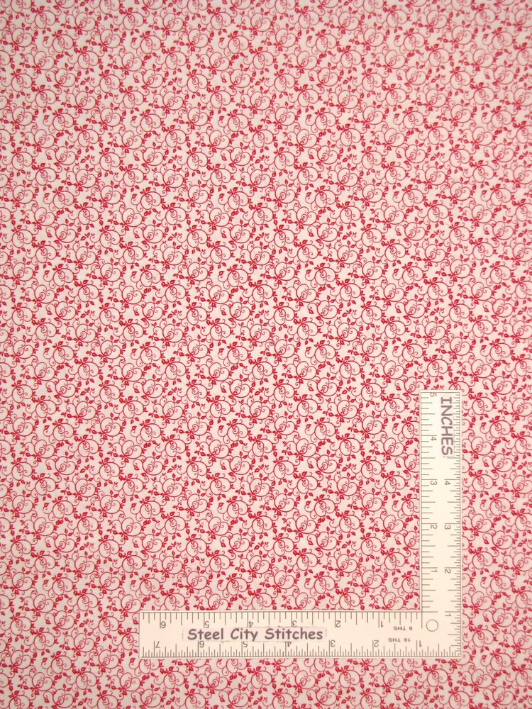 True Red Flower Floral Swirl Leaf Fabric By the Yard White Cotton Santee