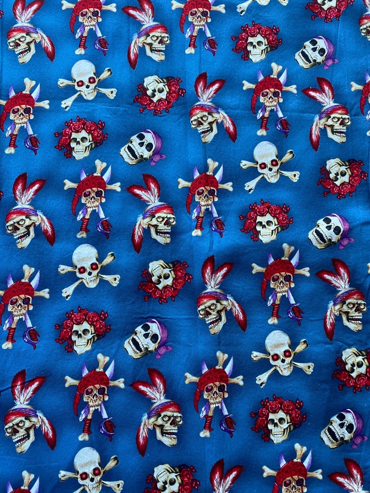 SHAMASH SONS FABRIC~Skull Heads~CROSSBONES~Indian Chief~Pirate~ROSES~Durag~BLUE~