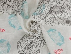 100% Woven Linen Fabric By the Yard Abstract Print Gray Blue Red