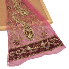 Sanskriti Saskriti Vintage Design Net Mesh Fabric Hand Beaded Pink Patch Work De