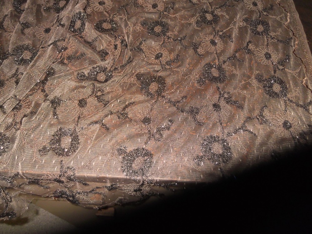 BROWN CORDED NET LACE FABRIC REMNANT, 137 cm wide x .71cm long,