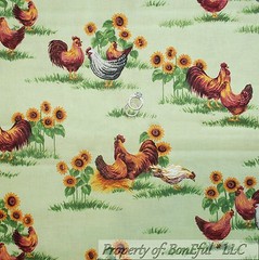 BonEful Fabric Cotton Quilt Green Grass Red Rooster Yellow Sun Flower SALE SCRAP