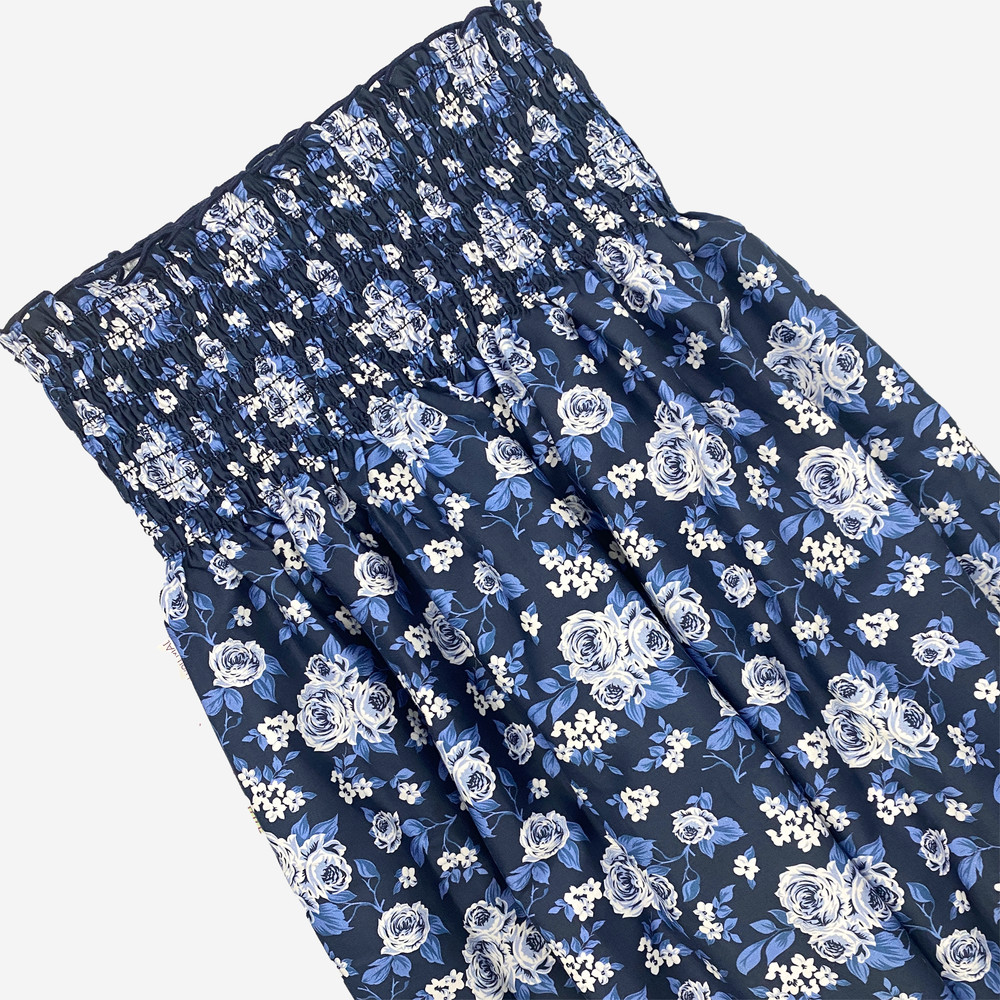 Navy Blue Rose Floral Smocked Cotton Fabric: GIRLS Shirred Material 27 Inch Wide