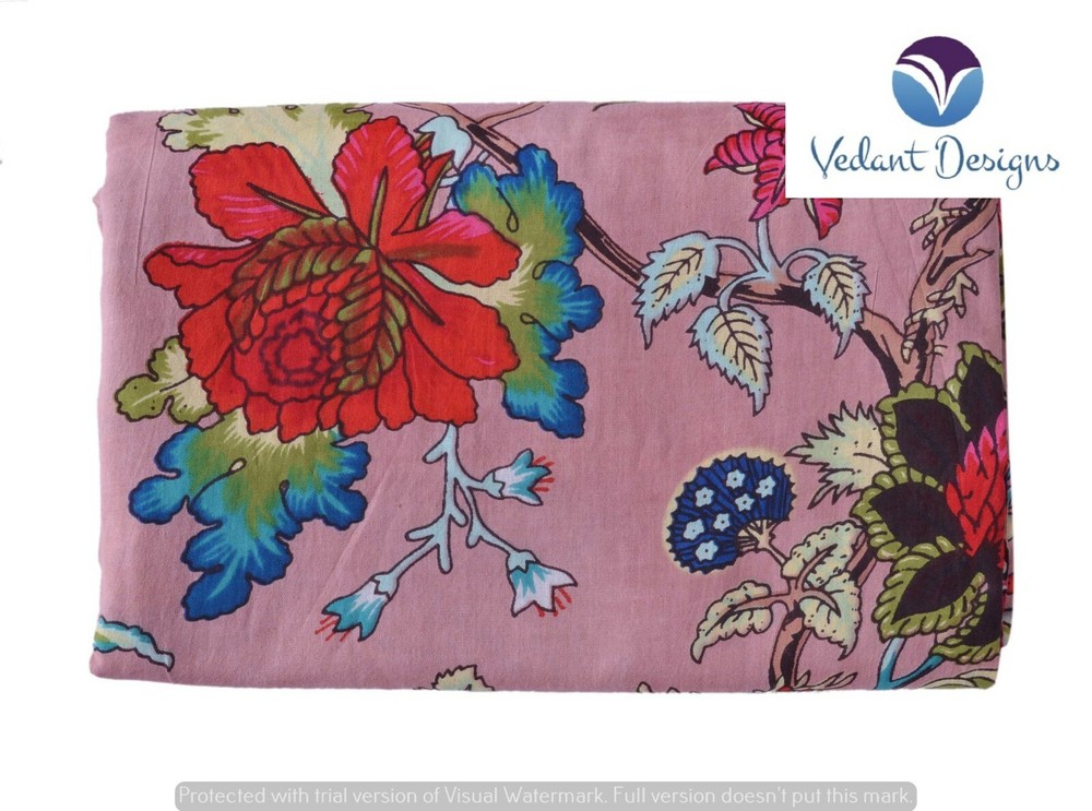 10 Yard Pink Hand Block Floral Print Cotton Fabric Dressmaking Sewing