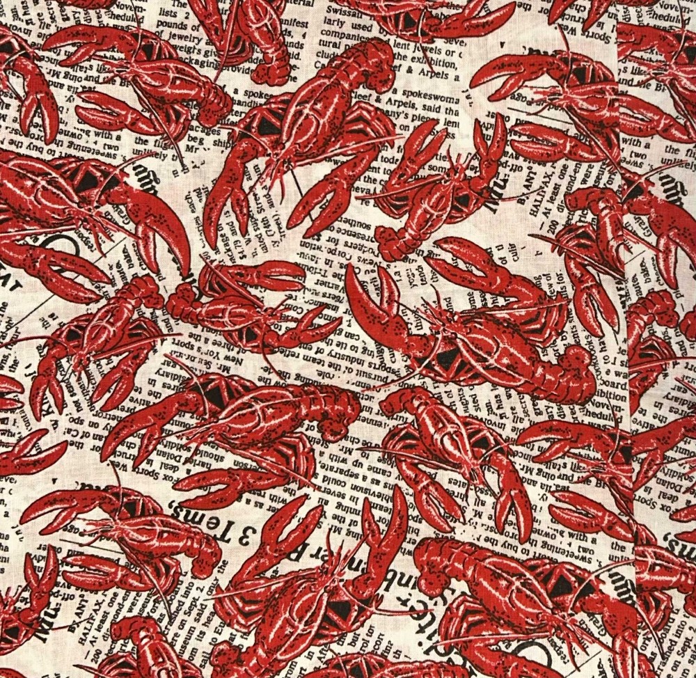 LOBSTER ON NEWSPAPER PRINT FABRIC 3/4 YARD 44″ WIDE #183