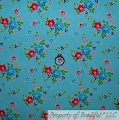 BonEful FABRIC FQ Cotton Quilt VTG Blue Red White Green Leaf Small Flower BOHO S