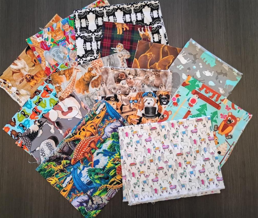 ANIMAL THEMED COTTON FABRIC SCRAPS DOG ELEPHANT WALRUS RACCOON LLAMA 1 LB 12 OZ
