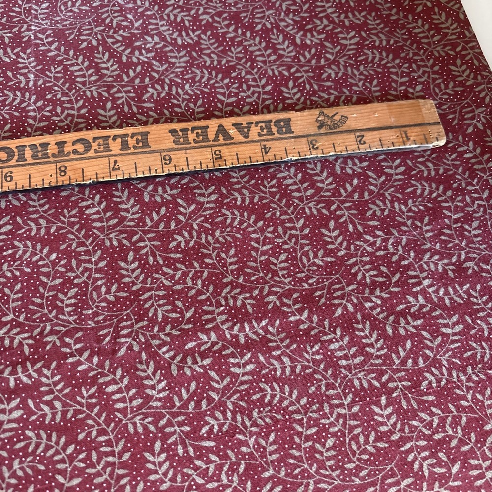 Burgundy Wine Color Fabric With Muted Green Leaves And Stems 44 Wide 2 1/3 Yds