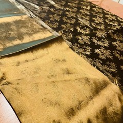 Faux New Silk BrocadeJacquard Fabric Black/Gold Floral Remnant Lustrous Shiny