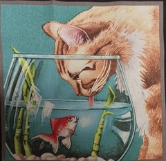 Elizabeth’s Studio~”Kitty Cat & Goldfish”~Cotton Fabric Panel ~ 6.75″x6.75″
