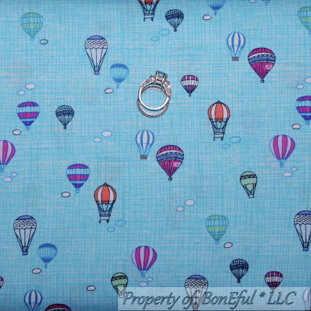 BonEful Fabric FQ Cotton Quilt VTG Blue Cloud Sky Pink Rainbow HOT AIR BALLOON S