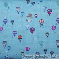 BonEful Fabric FQ Cotton Quilt VTG Blue Cloud Sky Pink Rainbow HOT AIR BALLOON S