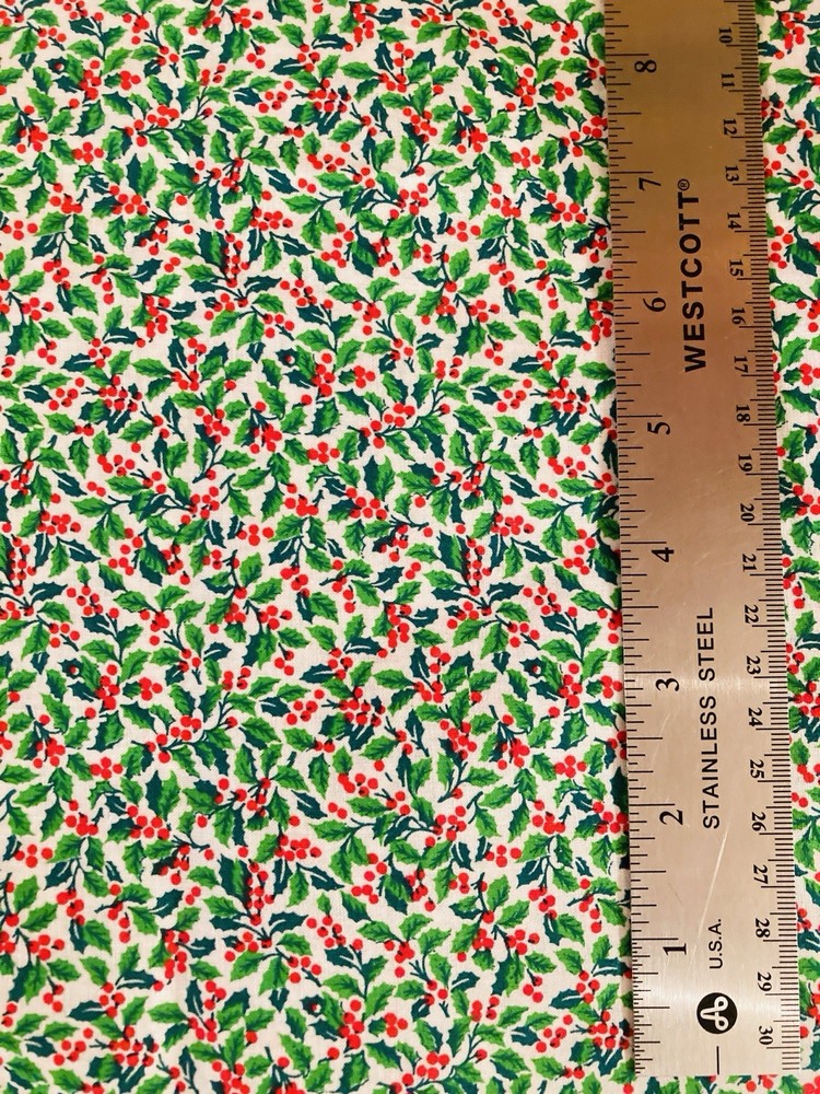 Small Green Holly Red Berries on White VTG Fabric Cranston 3Y x 44″W