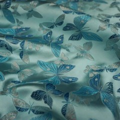Light Blue Satin Silky Fabric Butterfly Printed 115cm Wide Dress Sew DIY Costume