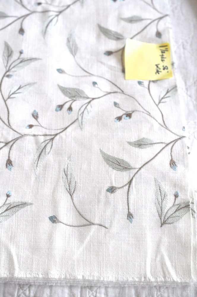 1 1/2yds 56″ Wide Embroidered White Linen Fabric Blue and Tan Flowers Home Decor