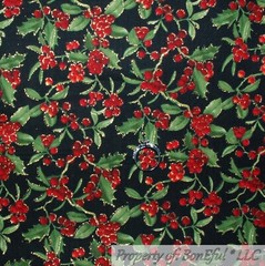 BonEful Fabric FQ Cotton Quilt Black Red Green Tree Holly Berry Gold Metallic US