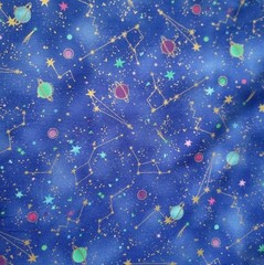 Small Planets, Stars, Constellations in Outer Space on Mottled Blue Ground