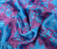 Sushila Vintage Blue Scrap Saree Blend Crepe Silk Printed Floral Sari Fabric