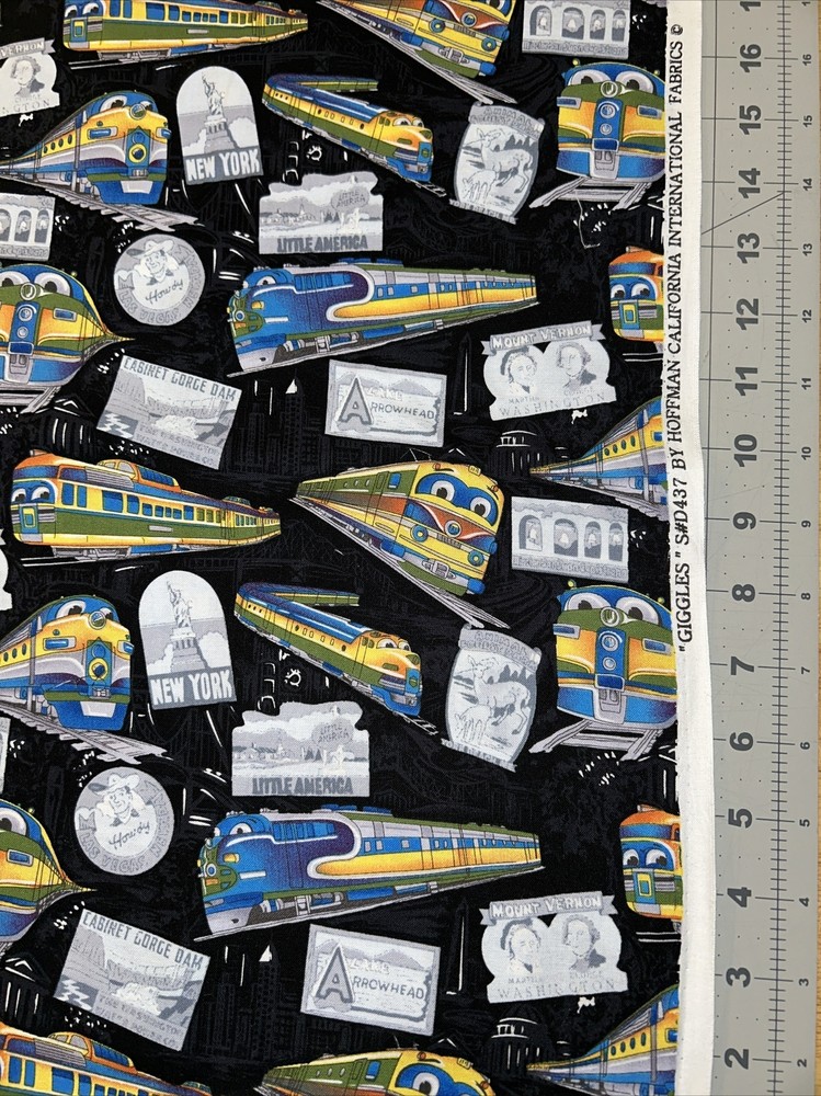 Giggles Travel Trains Black Hoffman Cotton Fabric 1/2 Yard (18” By 44”) New