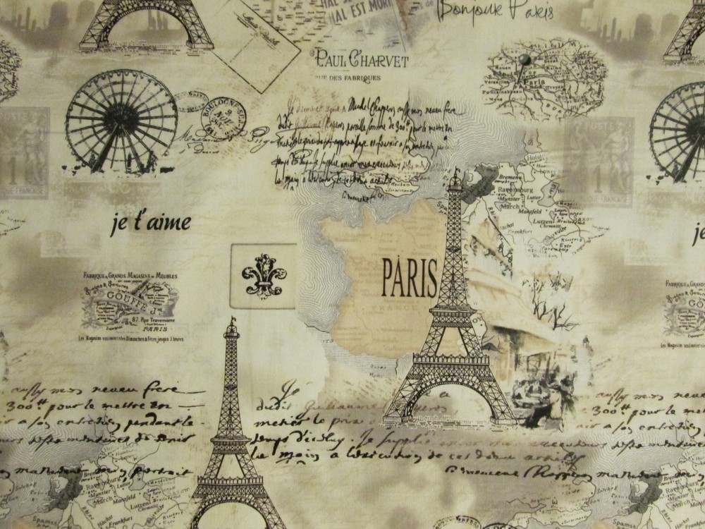 VINTAGE PARIS EIFFEL TOWER MAP SCRIBE TANS COTTON FABRIC FQ