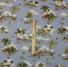 AMETEX TROPICAL ISLAND SKY BLUE #D4006 PALM TREE TIKI HUT FABRIC BY YARD 54″W