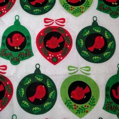 Christmas Bulbs Red Bird Holiday Fabric Material Sewing Sew Crafts Birds 56.5″