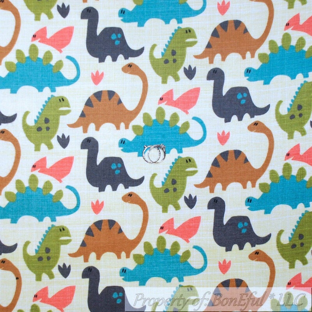 BonEful Fabric FQ Cotton Flannel Quilt Brown Blue Gray Green Dinosaur Boy Print