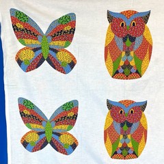 Vintage Patchwork Animal Fabric Panel 70s 80s Owl Fish Butterfly Printworks 1981