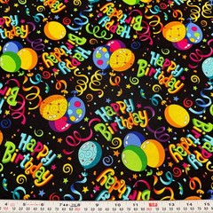 Happy Birthday Celebration Hi-Fashion Fabrics Black Cotton by the HALF YARD