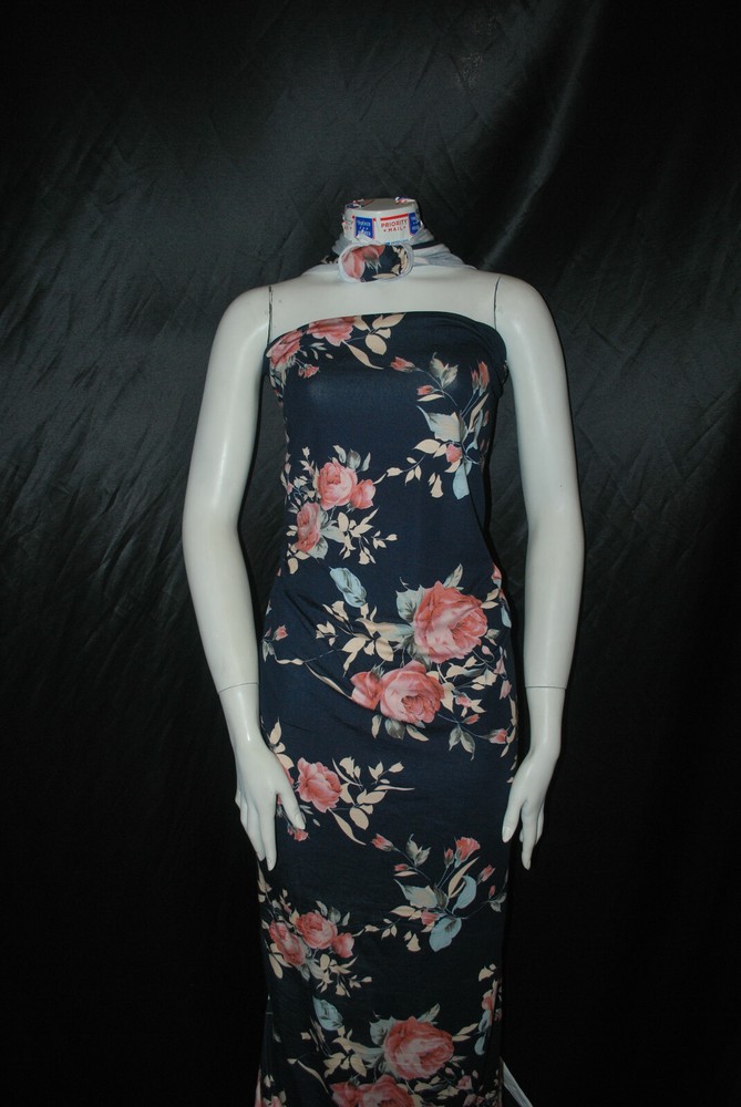 Rayon Stretch Jersey Knit Fabric Beautiful floral on Navy by the yard 9 oz