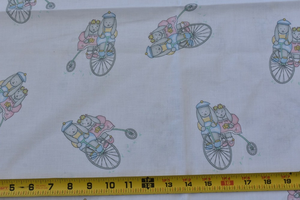 38″ x 44″, Vintage, Bunnies on Old Bicycles on White Quilt Fabric/Princess,C1378