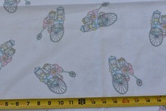 38″ x 44″, Vintage, Bunnies on Old Bicycles on White Quilt Fabric/Princess,C1378