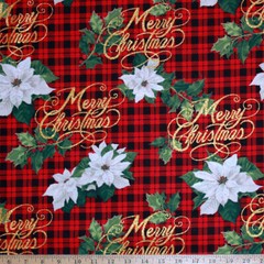 By 1/2 yard Merry Christmas Plaid Golden Glitter Fabric Traditions Poinsettia