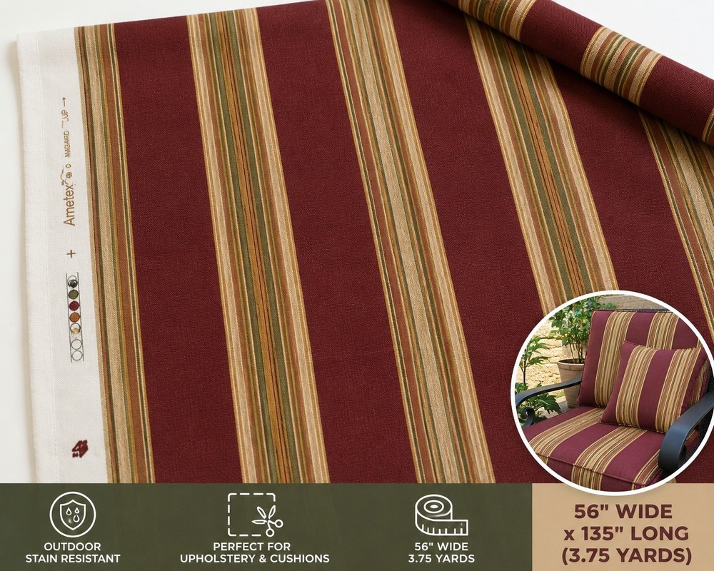 Outdoor Upholstery Fabric Burgundy Tan Olive Stripe 56″ x 135″ 3.75 Yards AMETEX