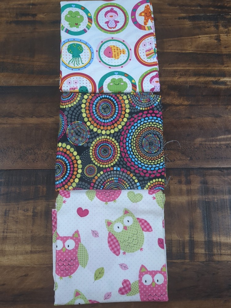 Lot of Fabric, children themed, owls, fish, frogs, whimsical, multicolor, 14oz