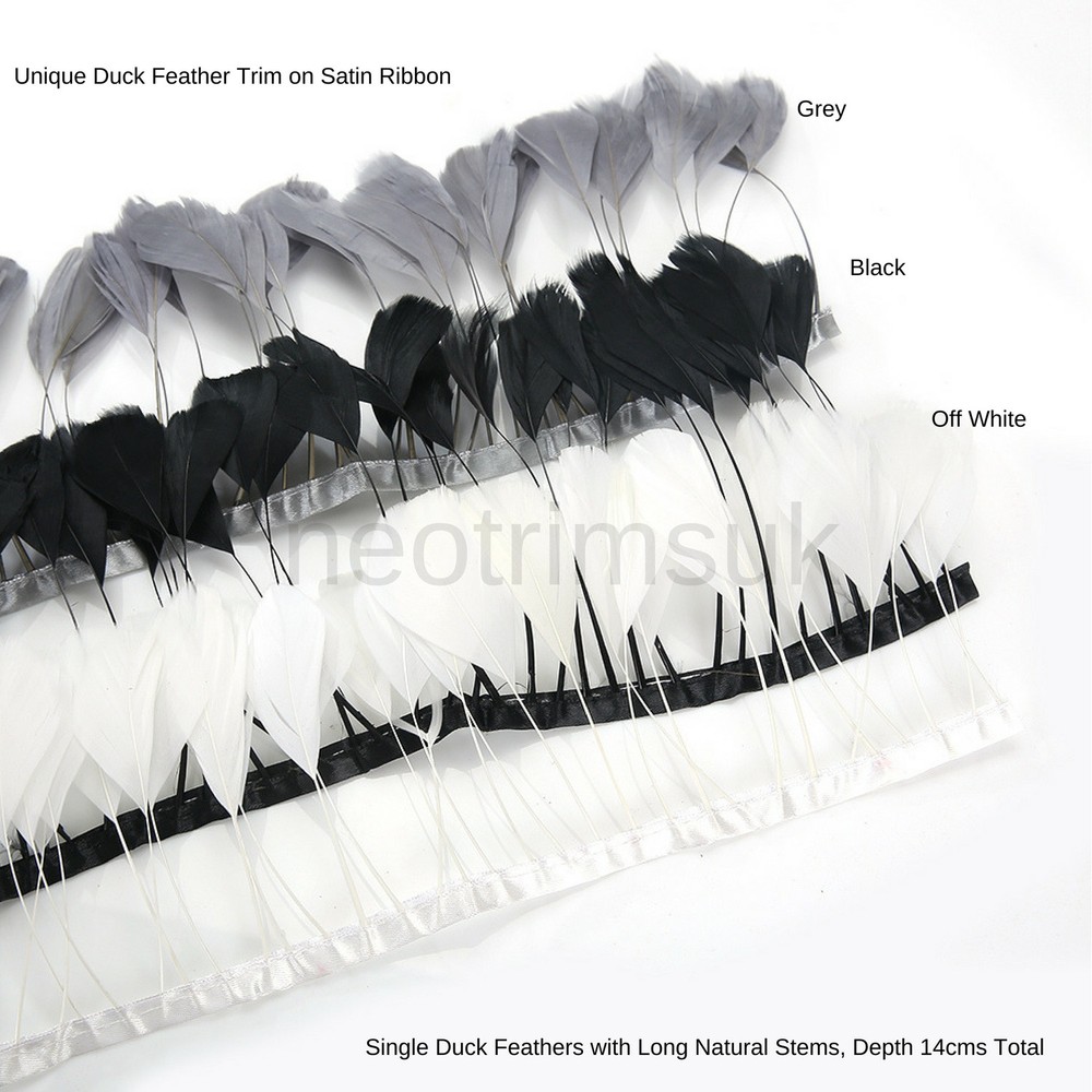 Duck Quill Feathers on Satin Ribbon Trimming Braid, 14cms Deep, Craft Neotrims