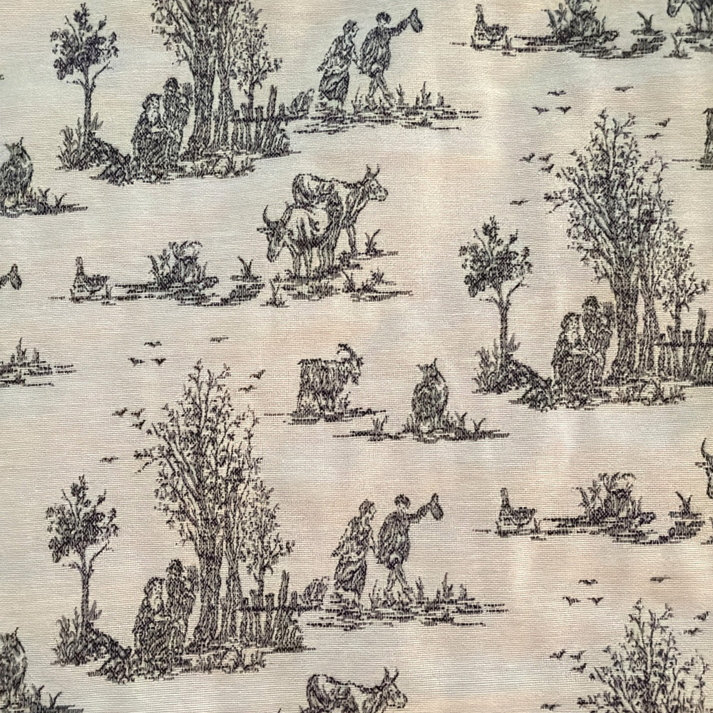 VTG French Country Toile Fabric Black Beige Pastoral Colonial Farmstead 2.5 yd