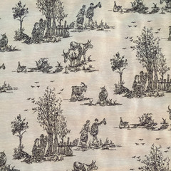 VTG French Country Toile Fabric Black Beige Pastoral Colonial Farmstead 2.5 yd
