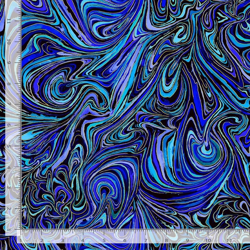 Escapade Floral Fabric | Marble Swirl Print Black Blue | Timeless Treasures YARD