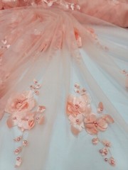 3D Floral Peach Beaded Lace Fabric by the Yard – Mesh Lace with Embroidered Flow