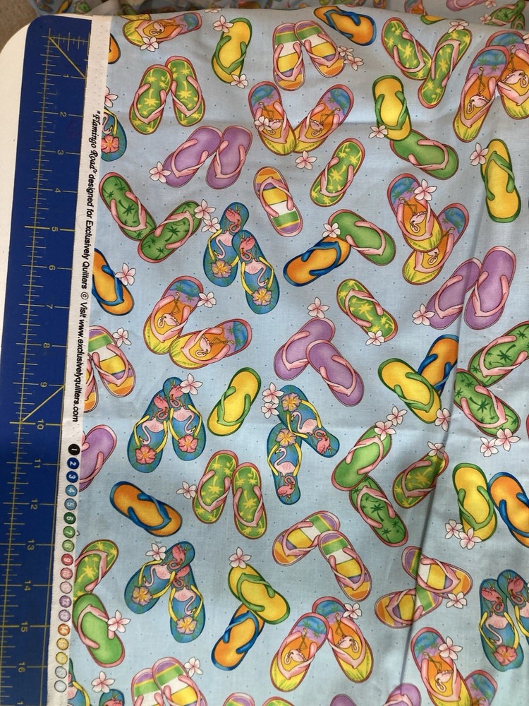 3 1/2 Yards Flamingo Road By Exclusively Quilters Flip Flops On light Blue Back