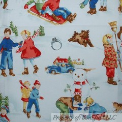 BonEful Fabric FQ Cotton Quilt Cream Off White Green Red Blue Brown Flower Xmas