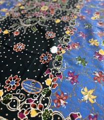Malaysian Cotton Batik Blue Black Multicolored Floral Pattern