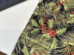 Red Rooster Cottin Quilting Fabric Red Green Gold Holly Berry Pine Cone 1.3 Yd