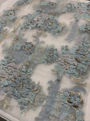 Aqua Gold Embroidered Lace Fabric Sheer Mesh Floral Remnant 22×54