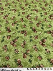 Wildlife Pinecone fabric Anita Phillips MMFab 1 yd X 45 In Green brown pinecones