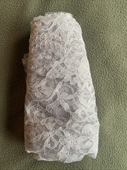 Lot Of 3 Fabric Pieces. Lace (35”x60”). Silver (40”x60”). Gray:White (13”x66”)