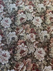 UPHOLSTERY FABRIC~Woven Tapestry~VICTORIAN WHITE ROSES~English Garden~BrownGreen