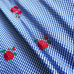 Gingham with Embroidered Roses Polycotton Fabric 56″ By The Yard